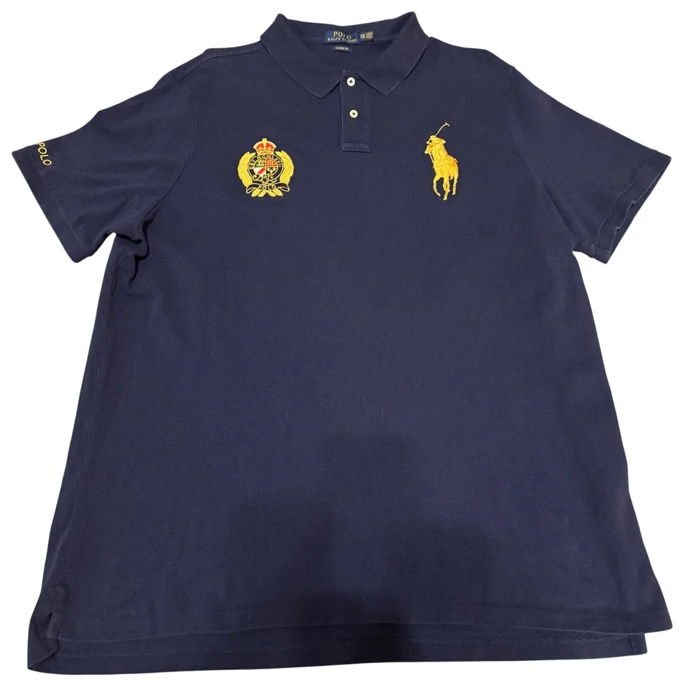 Polo Ralph Lauren Mens XXL Navy Blue Big Pony Royal Crest Classic Fit Polo Shirt